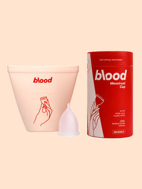 blood menstrual cup with silicone sanitising pouch and packaging
